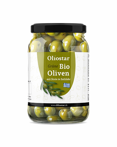 Grüne Bio Oliven mit Stein in Salzlake